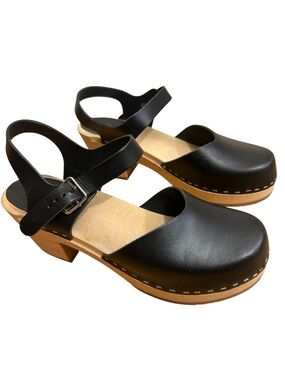 Swedish Hasbeens Covered High Clog in Black Leather size women’s 38